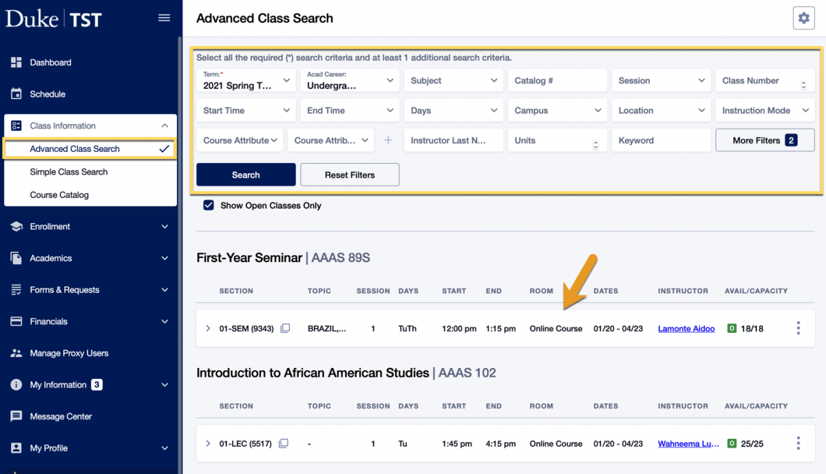 Screenshot of Advanced Class Search page in DukeHub. A box is around Advanced Class Search in the Class Information menu. Another box is around the filters section. An arrow points to a section in the results.