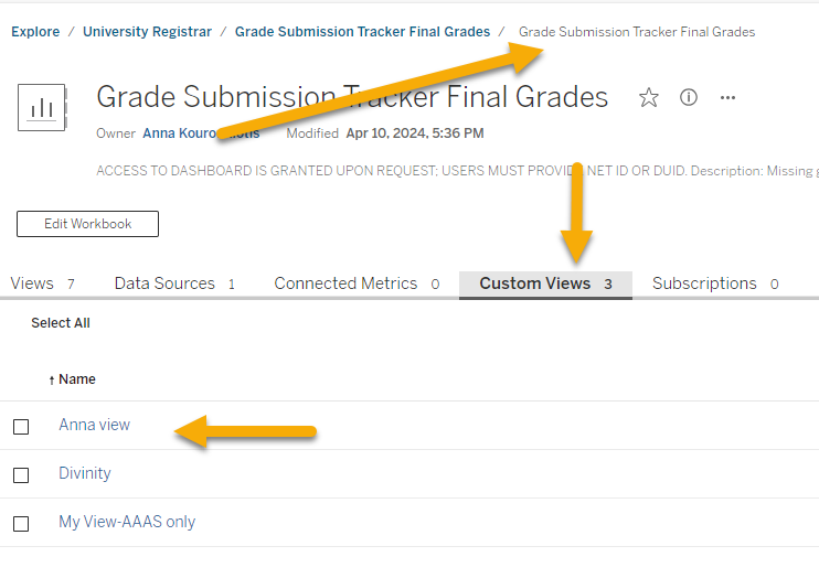 Screenshot of Missing Grades Dashboard with arrows pointing to Custom Views tab and the link to a custom view.