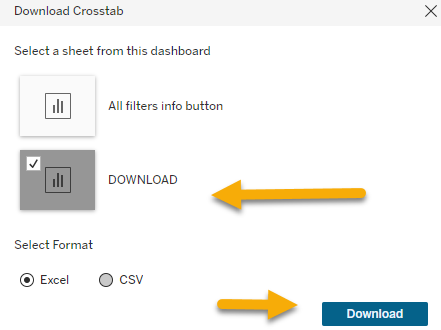 Download options in Tableau with the Download sheet and Excel format selected. An arrow points to the download button.