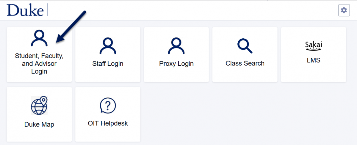 Screenshot of DukeHub homepage with an arrow pointing to the Student, Faculty, and Advisor Login tile.