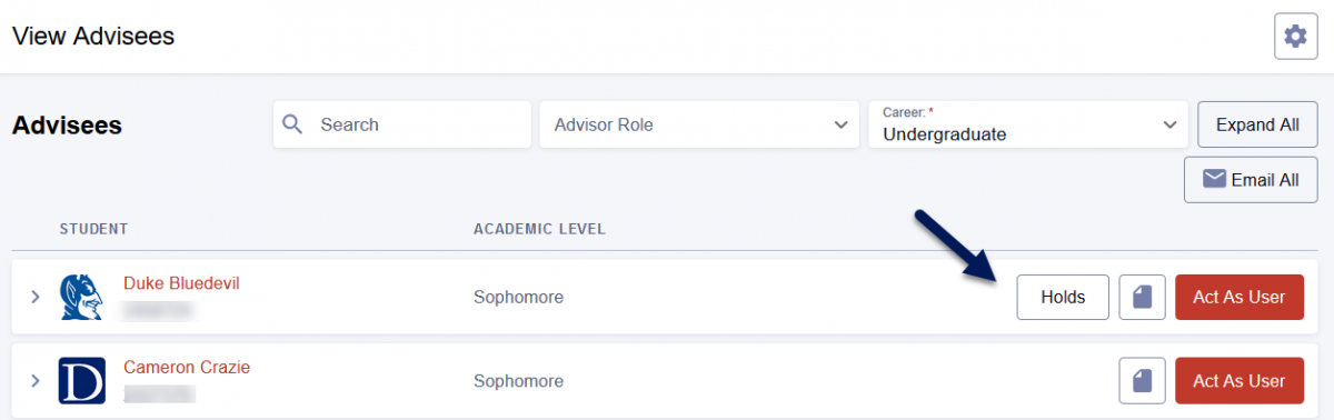 Screenshot of View Advisees page in DukeHub. An arrow points to the Holds button next to a student.