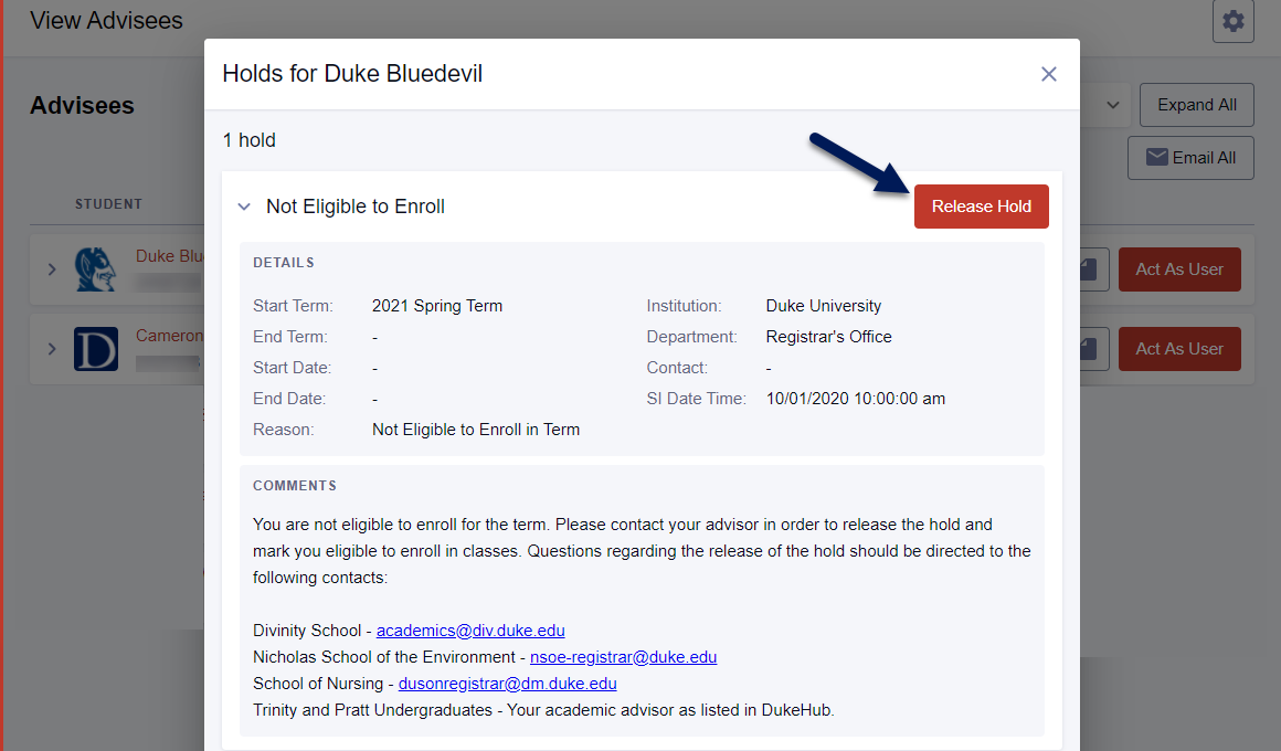 Screenshot of Holds popup in DukeHub. An arrow points to the Release Hold button.