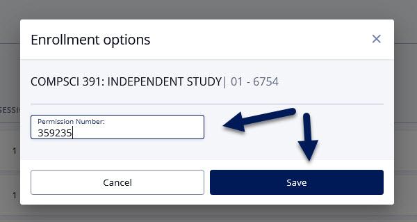Screenshot of the Enrollment options popup in DukeHub. Arrows point to the Permission Number field and the Save button.