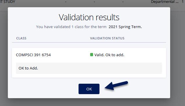 Screenshot of Validation results popup in DukeHub. An arrow points to the OK button.