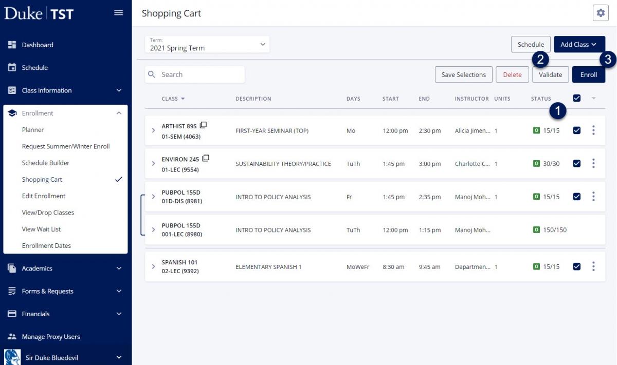 Screenshot of Shopping Cart page in DukeHub. The number 1 is next to the Status column. The number 2 is next to the Validate button. The number 3 is next to the Enroll button.