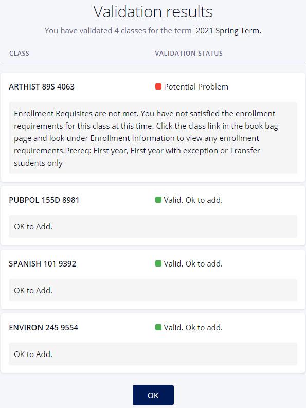 Screenshot of Validation results popup in DukeHub. One section has a red square next to it and says, "Potential Problem." The other three classes have green squares and say, "Valid. Ok to add."