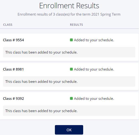 Screenshot of Enrollment Results popup in DukeHub. The three classes have a green square and say, "Added to your schedule."
