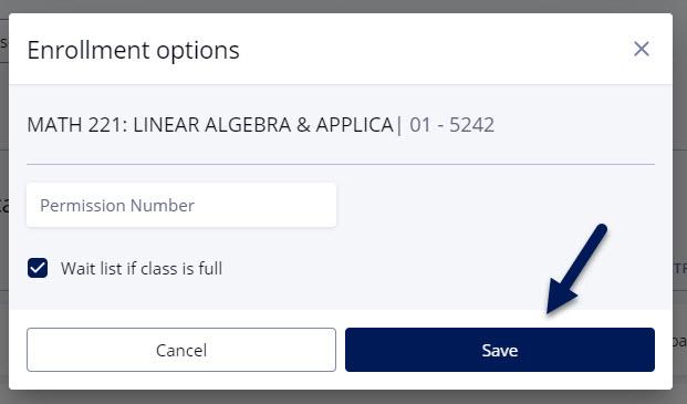 Screenshot of the Enrollment options popup in DukeHub. An arrow points to the Save button.