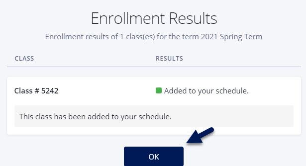Screenshot of the Enrollment Results popup in DukeHub. An arrow points to the OK button.