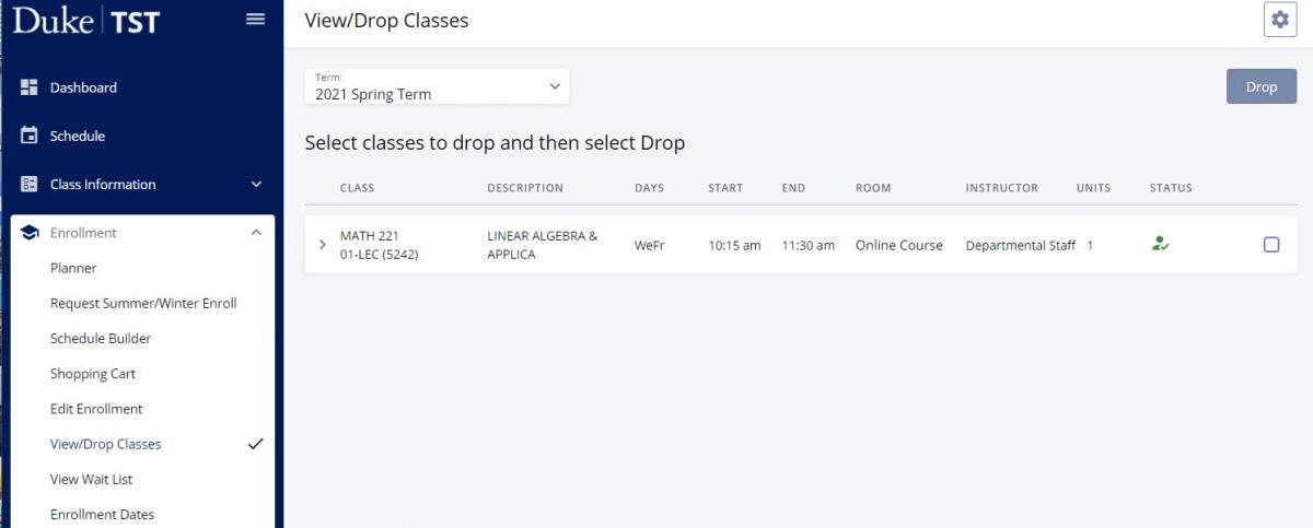 Screenshot of View/Drop Classes page in DukeHub.