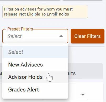 Screenshot of Advisor Hub filters options. The mouse hovers over Advisor Holds in the dropdown.