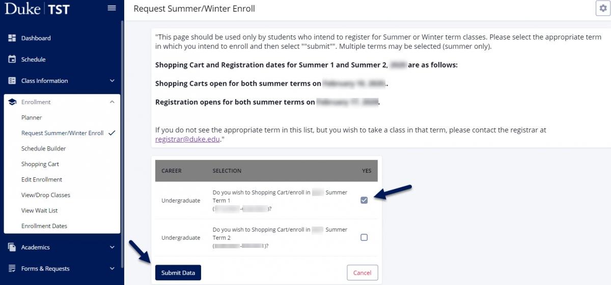 Screenshot of Request Summer/Winter Enroll page in DukeHub. Arrows point to a checkbox column called Yes and the Submit Data button.