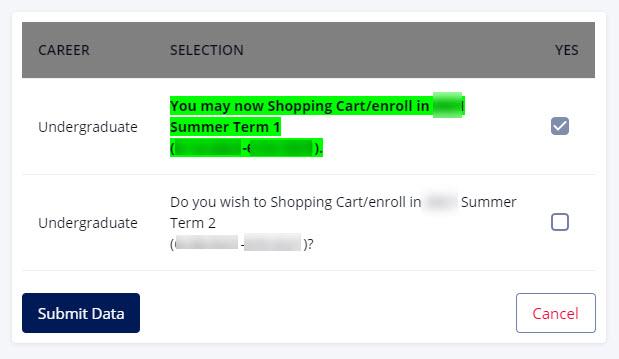 Screenshot of Request Summer/Winter Enroll page in DukeHub. Highlighted text says, "You may now Shopping Cart/enroll in Summer Term 1."