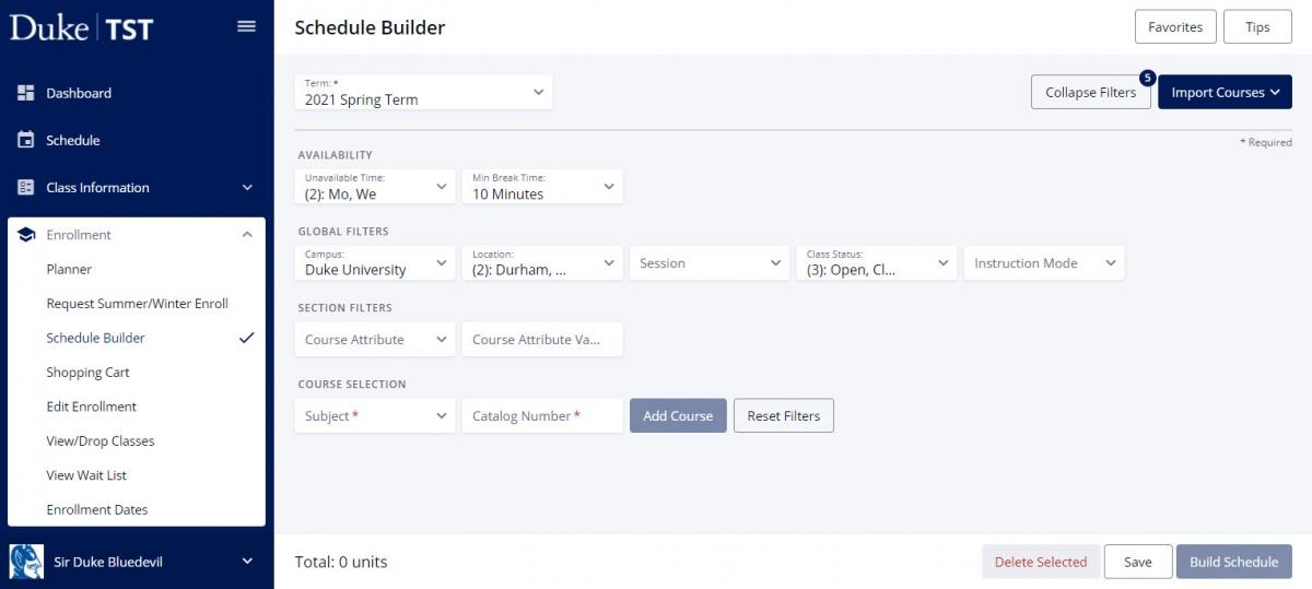 Screenshot of Schedule Builder in DukeHub with some filters entered.