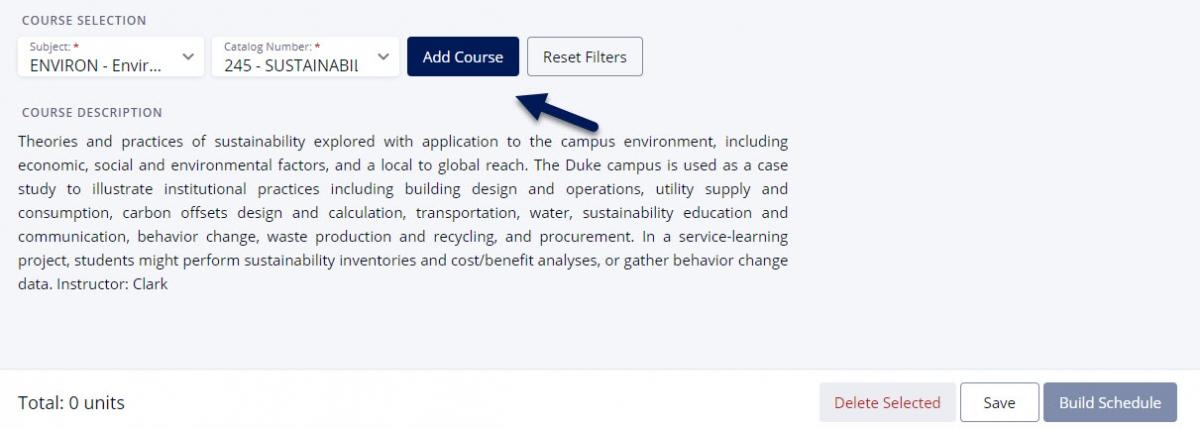 Screenshot of Schedule Builder in DukeHub. A subject and catalog number are selected. The course description is shown and an arrow points to the Add Course button.