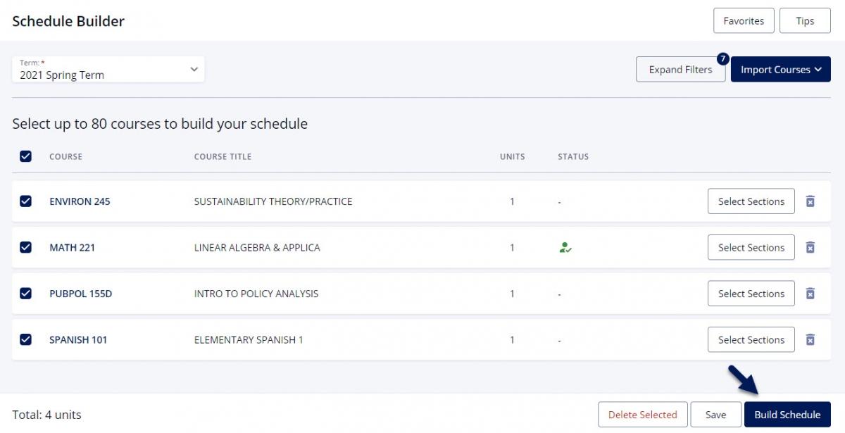 Screenshot of Schedule Builder in DukeHub. Four courses have checkboxes checked next to them and an arrow points to the Build Schedule button.