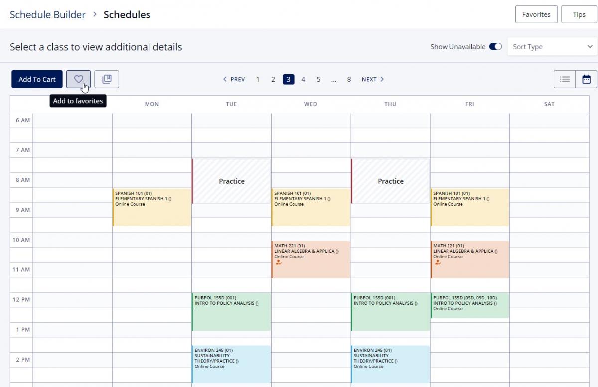 Screenshot of Schedule Builder in DukeHub. A color-coded weekly class schedule is shown. The move hovers over the Add to favorites button.