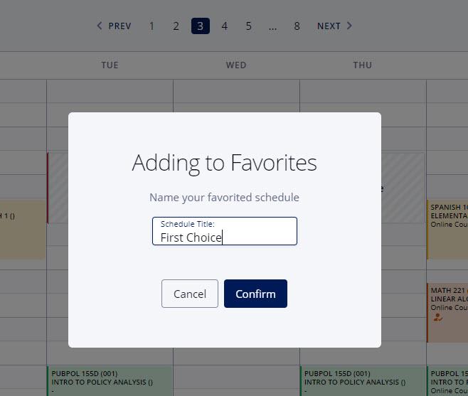 Screenshot of Add to Favorites popup in DukeHub. Schedule Title field is filled in with "First Choice."