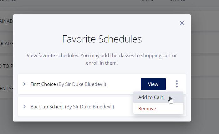 Screenshot of the Favorite Schedules popup in DukeHub. The dropdown menu next to a schedule is open and the Add to Cart button is selected.