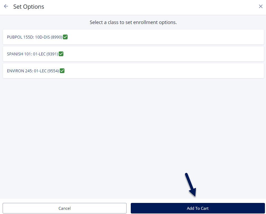 Screenshot of Set Options popup in DukeHub Schedule Builder. An arrow points to the Add To Cart button.
