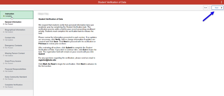 Screenshot of Student Verification Instruction page in DukeHub. An arrow points to the Next button.