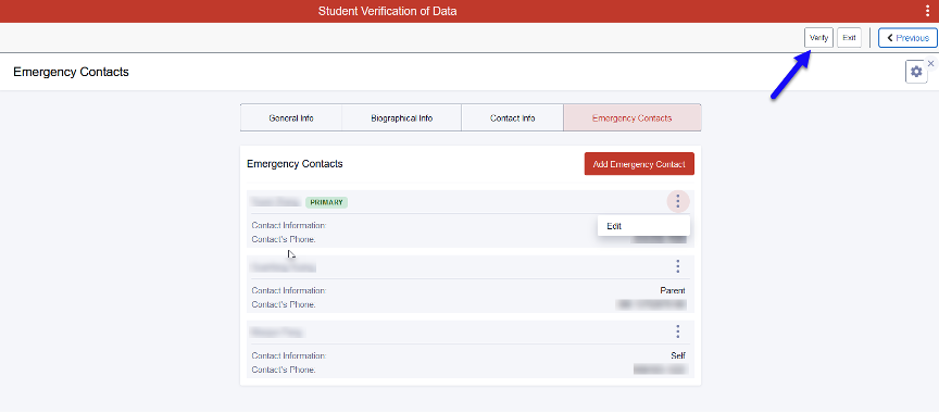 Screenshot of Student Verification Emergency Contacts page in DukeHub. An arrow points to the Verify button.