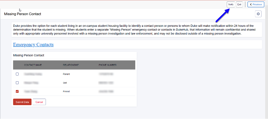 Screenshot of Student Verification Missing Person Contact page in DukeHub. An arrow points to the Verify button.