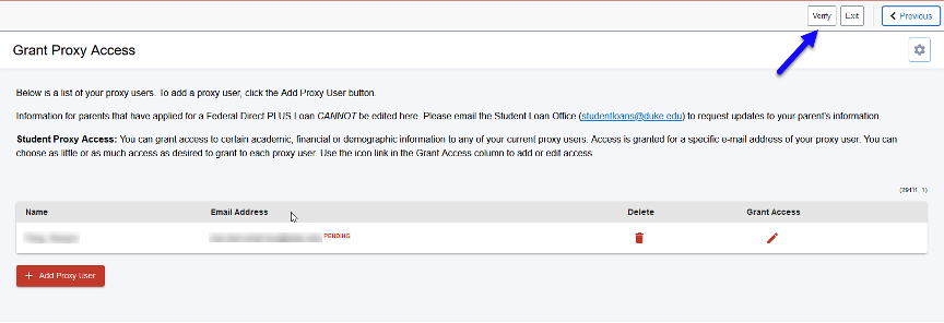 Screenshot of Student Verification Grant Proxy Access page in DukeHub. An arrow points to the Verify button.