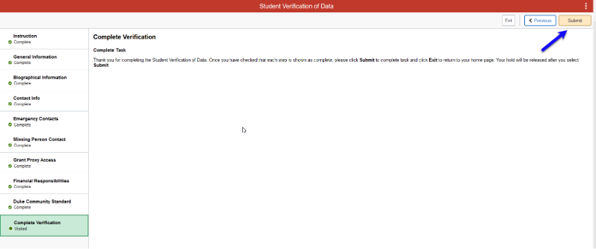 Screenshot of Student Verification Complete Verification page in DukeHub. An arrow points to the Submit button.
