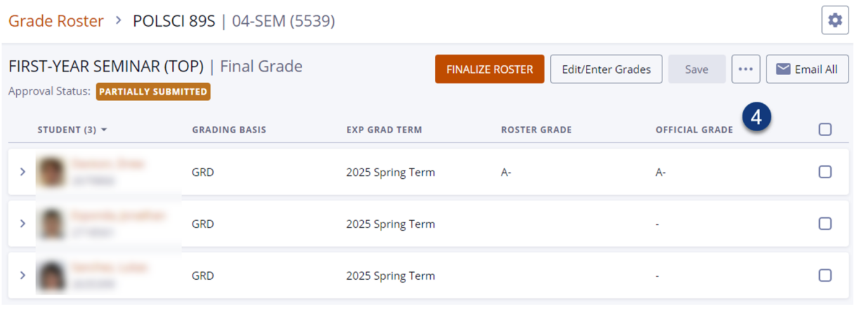 Screenshot of Grade Roster in DukeHub Faculty Center with a number 4 next to the Official Grade column.