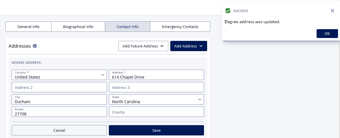 Screenshot of Contact Info page in DukeHub with address filled in. A message says, "Success. Degree address was updated."