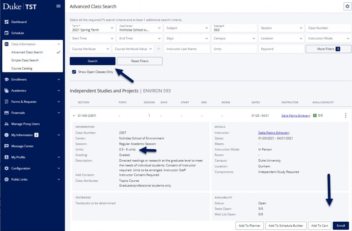 Screenshot of Advanced Class Search page in DukeHub. Arrow point to the Search button, the Units section, which reads 0.5-6 units, and the Enroll button.