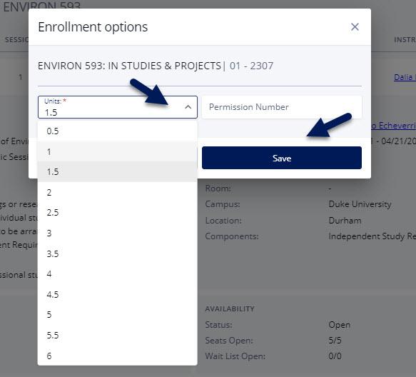 Screenshot of Enrollment options popup in DukeHub. Arrows point to the Units dropdown list and the Save button.