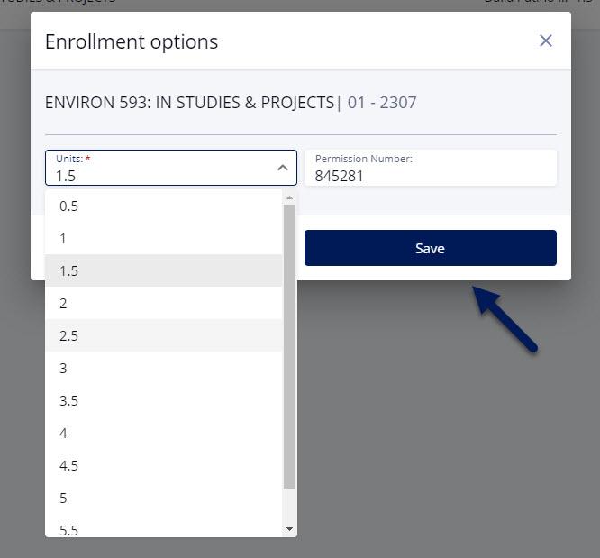 Screenshot of Enrollment options popup in DukeHub. The Units dropdown list is visible, a permission number is entered, and an arrow points to the Save button.