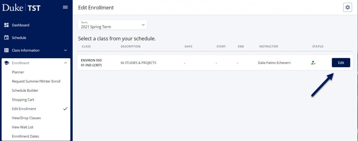 Screenshot of the Edit Enrollment page in DukeHub. An arrow points to the Edit button next to a class.