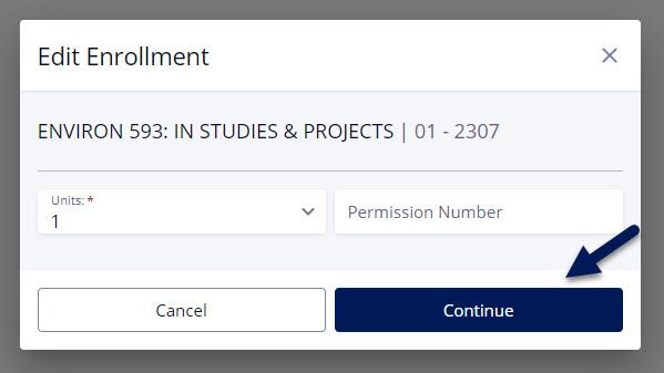Screenshot of the Edit Enrollment popup in DukeHub. An arrow points to the Continue button.