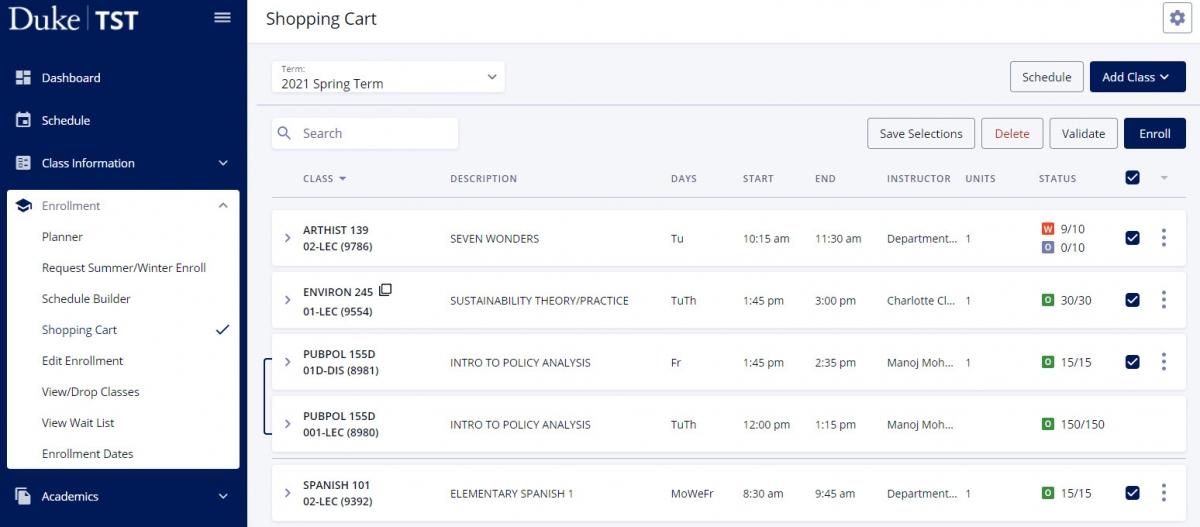 Screenshot of Shopping Cart page in DukeHub.