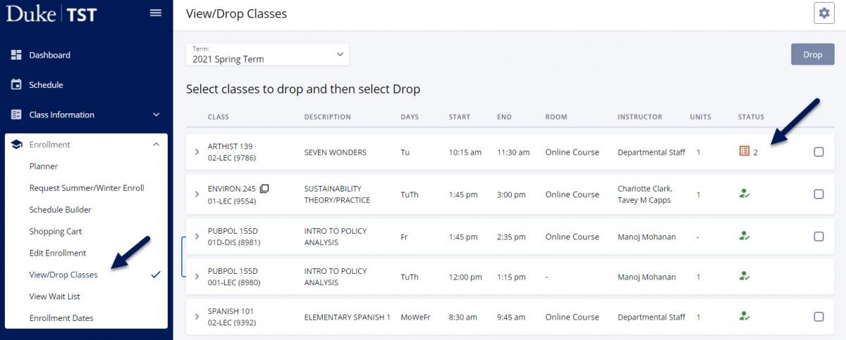 Screenshot of the View/Drop Classes page in DukeHub. Arrows point to the View/Drop Classes link in the Enrollment menu and the icon in the Status column that indicates the student is second on the waitlist.