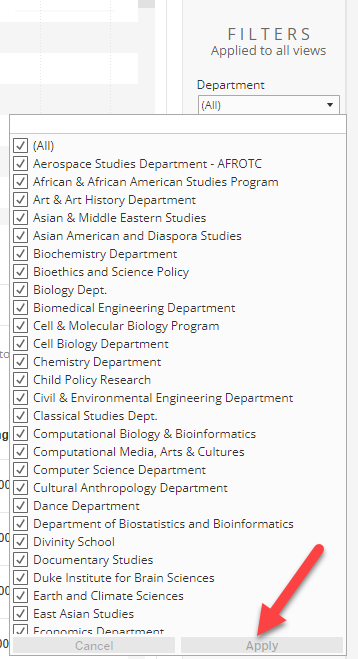 Screenshot of the Department filter options with all checked and an arrow pointing to the Apply button.