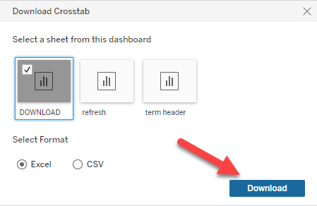 Download options in Tableau with the Download sheet and Excel format selected. An arrow points to the download button.