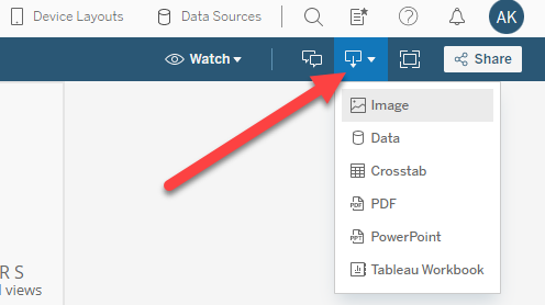 Screenshot of Tableau with an arrow pointing to the Download button in the top right corner.