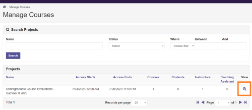 Screenshot of Watermark Manage Courses page with View button highlighted