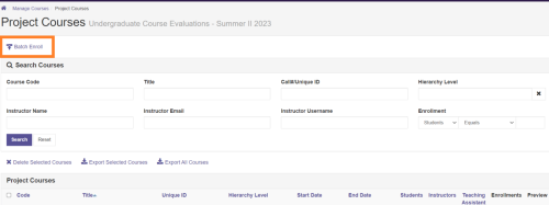 Screenshot of Watermark Project Courses page with Batch Enroll button highlighted