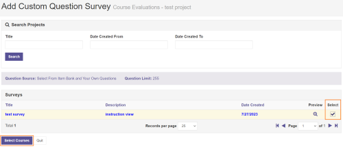 Screenshot of Watermark Add Custom Question Survey screen with the Select checkbox highlighted