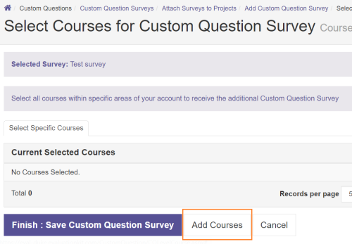 Screenshot of Watermark Select Courses for Custom Question Survey screen with button Add Courses highlighted