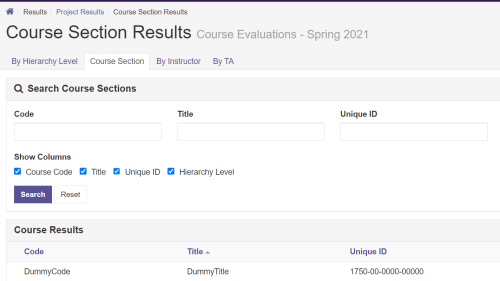 Screenshot of Course Section Results page in Watermark.