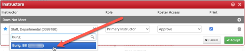 Screenshot of Instructors popup in CLSS. The search dropdown field is open with the surname "burig" typed in. An arrow points to the correct instructor shown in the dropdown.