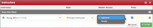 Screenshot of Instructors popup in CLSS. The Roster Access dropdown is shown.