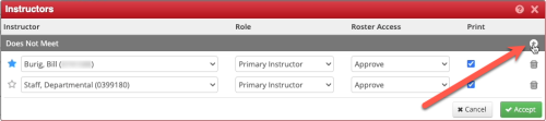 Screenshot of Instructors popup in CLSS. An arrow points to the Add Instructor gray plus icon.