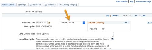 Screenshot of a course in the Course Catalog in DukeHub. The top of the Catalog Data page is shown, and an arrow is pointing to the Status dropdown, which is set to Active.